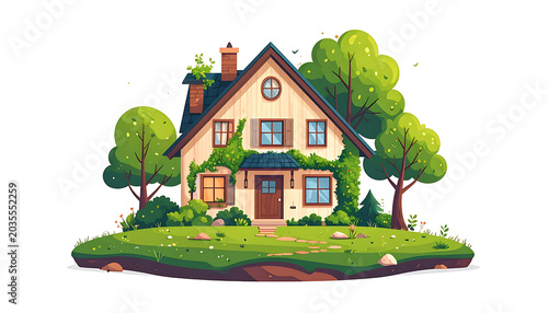 Charming pixel art house surrounded by lush green trees and foliage, depicting a cozy, idyllic rural setting, perfect for game assets or illustration