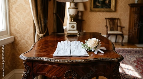 White gloves and rose boutonniere on antique wooden desk