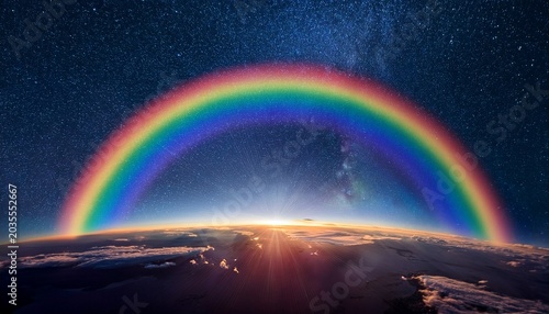 Vibrant Rainbow Arc Above Earth S Horizon Against Starry Night Sky