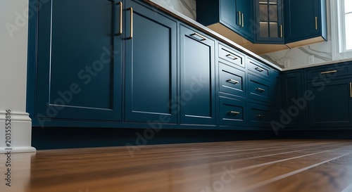 Modern kitchen interior featuring custom cabinet refacing with deep blue painted wood cabinets, marble countertops, and stylish brass hardware accents.