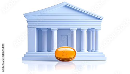 Classical architecture building with columns and triangular pediment, an orange glowing orb in front, conceptual finance or law representation