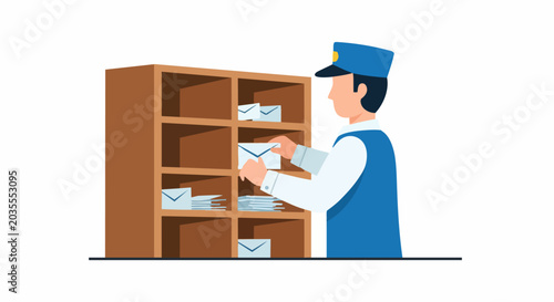 Postman in Blue Uniform Sorting Mail into Wooden Pigeonhole Shelves Flat Vector Illustration