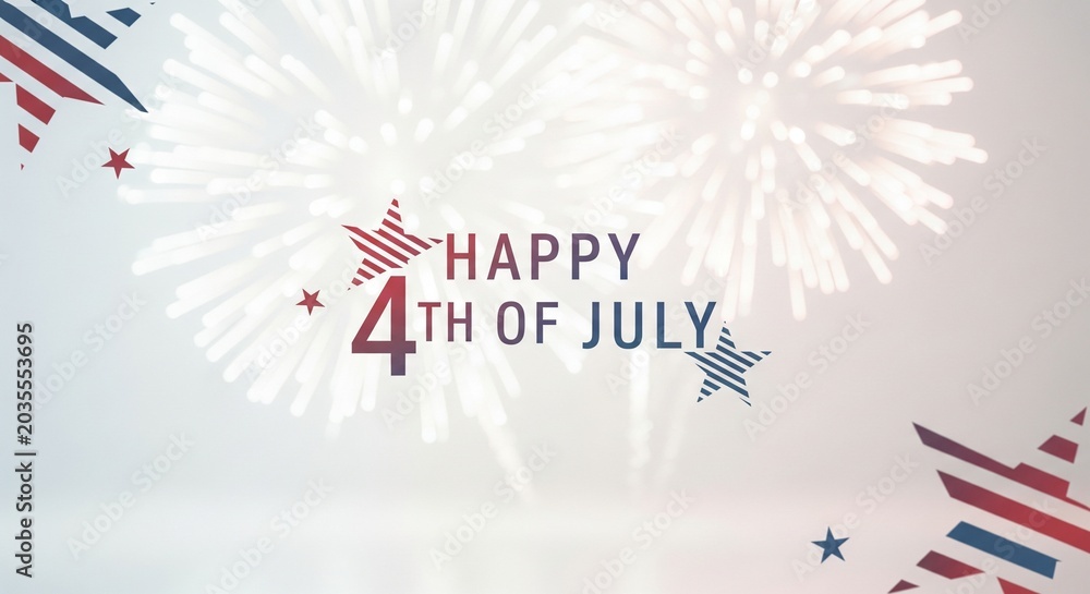 Fototapeta premium Happy 4th of July text with patriotic stars and fireworks illustration on a light background, celebrating American Independence Day with festive elements and a bright, celebratory atmosphere.