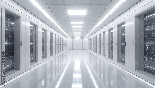 Clean futuristic white server room hallway with rows of illuminated computer racks, a sterile environment for data storage and technology, creating a sense of order and advanced infrastructure