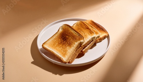 Golden Toast Slices On White Plate Against Cream Background With Creative Shadow Play