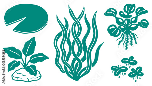 Retro hand drawn aquatic plants vector silhouette illustration set