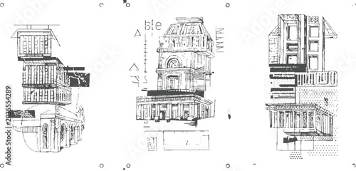 Schilderij op canvas Architectural collage of classical buildings with columns and windows in monochr