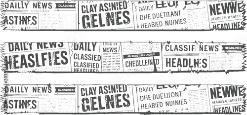 Three horizontal bands of vintage newspaper clippings with bold headlines and text