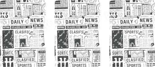 Black and white newspaper collage with headlines classified ads and sports sections
