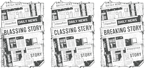 Three black and white newspaper pages with headlines classified story and breaking story daily