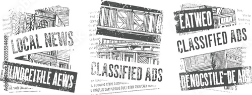 Three distressed newspaper clippings with text and architectural