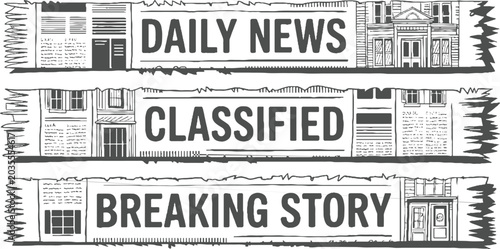 Three horizontal newspaper sections with bold text d a i l y n e w s c l a s i f i e d b r e a k i n g s t o r y and architectural