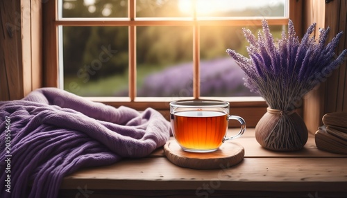 Cozy Close Up Of A Wooden Windowsill With Lavender Tea And Blanket