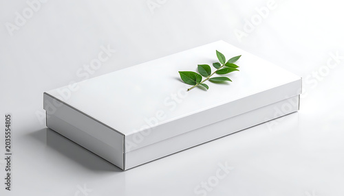 Clean white rectangular gift box with lid and a single green leaf sprig on top, isolated on a seamless light gray background, representing packaging and eco-friendly presentation