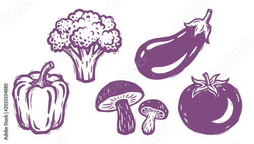Vibrant purple vegetable icons including broccoli, eggplant, bell pepper, mushrooms, and tomato
