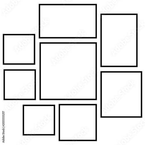 Set of empty black rectangular frames on white background. Collage layout template for photos or design. Minimalist borders for comic strip, storyboard, or UI wireframe.