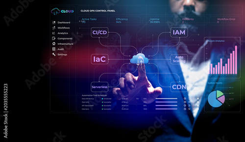 Bilde på lerret Man interacting with futuristic cloud operations control panel with hologram