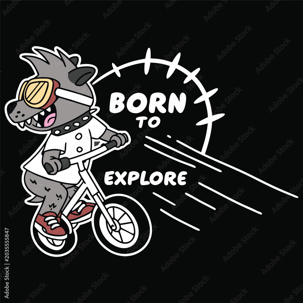 Fototapeta premium Wolf character riding bicycle with goggles and born to explore text in cartoon style.