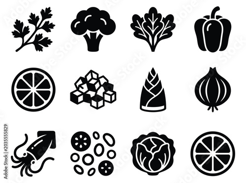 Food icons set, healthy ingredients, vegetables and fruits, organic food collection.