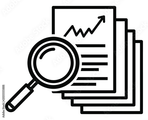 Magnifying glass over financial report with upward trending graph.