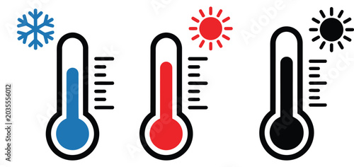 Three temperature thermometer icons representing cold warm and hot weather conditions clip.