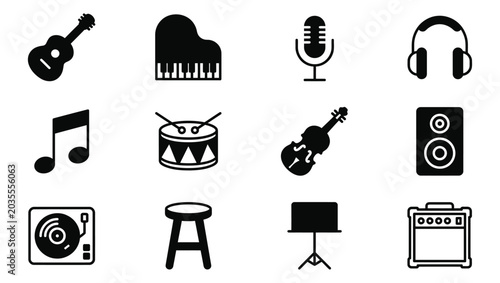Collection of black and white music icons including instruments and audio equipment sets.
