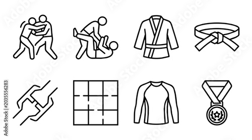 Brazilian jiu jitsu equipment and actions, grappling combat martial arts flat line icon set for self defense training
