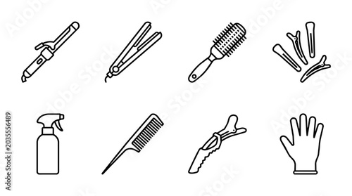 Hairdressing tools set with salon equipment including curling iron, straightener, brushes, combs, clips and spray bottle
