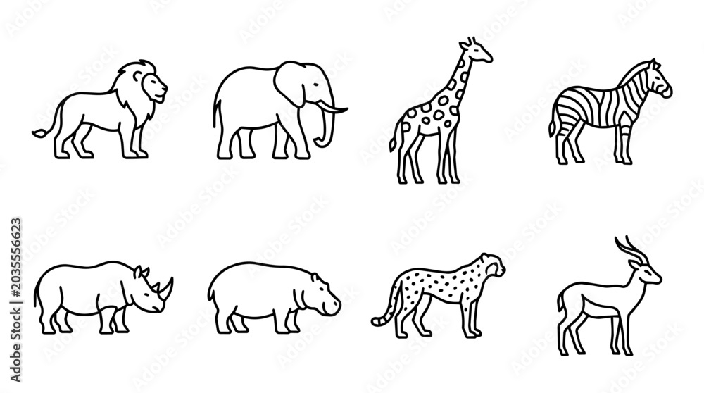 Obraz premium African safari animals line art set. Eight different animal icons isolated on a white background, ideal for interfaces