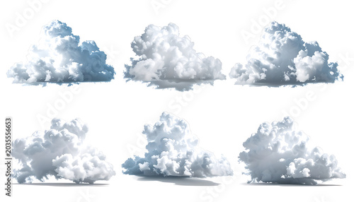 Collection of six fluffy cumulus clouds, realistic 3D rendering, isolated on white background, sky elements for design