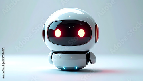Cute, friendly robot with glowing red eyes and a smooth white spherical body, futuristic, digital, AI concept, clean studio lighting