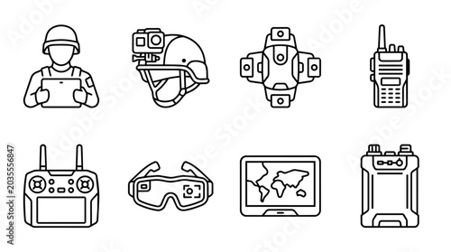 Military and tactical gear with soldier, drone controller, helmet camera, communicators, and smart goggles icons