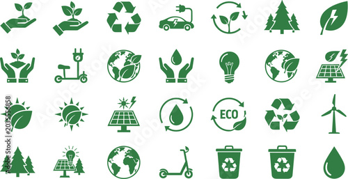 Fotografía Green Ecology and Renewable Energy Silhouette Icon Set with Sustainable Infrastr