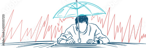 Bild auf Leinwand Minimalist hand drawn sketch showing person under umbrella managing financial risks and stock market changes