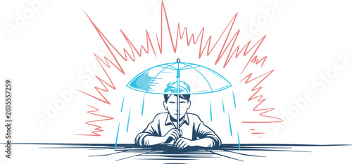 Photos Conceptual illustration of man holding umbrella protecting himself from financial market volatility and risk
