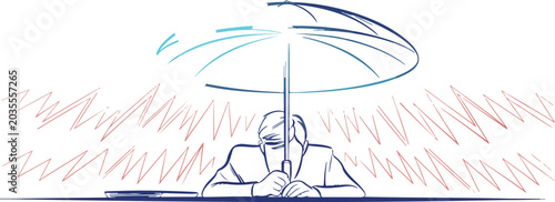 Foto Employee protecting self from work pressure with umbrella while sitting at desk during metaphorical rain storm