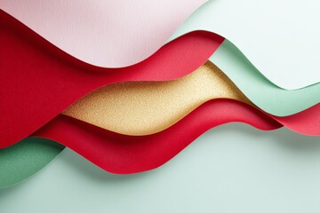 Closeup luxury paper cut waves juneteenth background with red gold and mint layers for banner and wallpaper design
