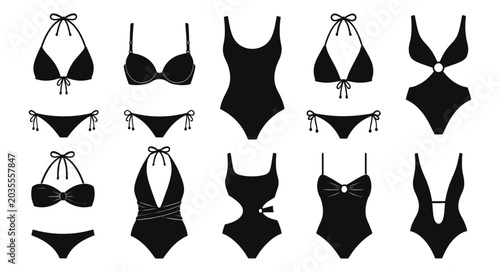 Billede på lærred Collection of black bikini and swimsuit silhouettes for Bikini Day, various styl