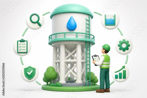 3D illustration of water tank inspection and maintenance with engineer clipboard and utility icons