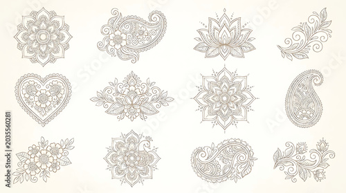 Traditional Mehndi Flower Pattern Outline Vector Set for Henna Drawing and Tattoo Design