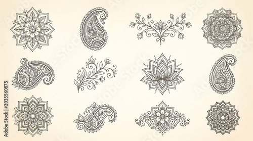 Traditional Mehndi Flower Pattern Outline Vector Set for Henna Drawing and Tattoo Design