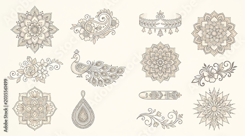 Traditional Mehndi Flower Pattern Outline Vector Set for Henna Drawing and Tattoo Design