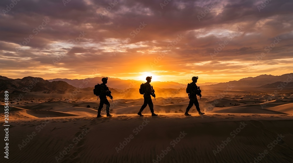 Fototapeta premium Three soldiers walking through desert landscape at sunset