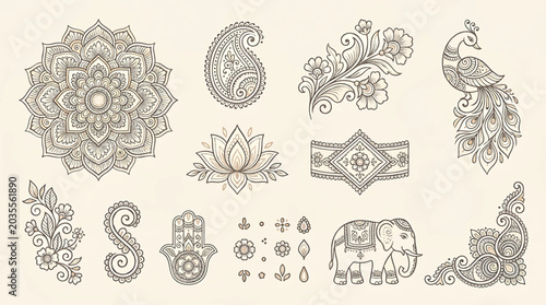 Traditional Mehndi Flower Pattern Outline Vector Set for Henna Drawing and Tattoo Design
