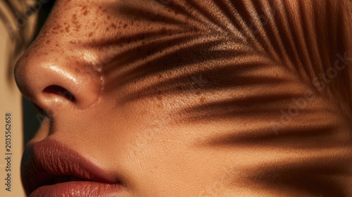 Freckle skin face closeup cheek skin sun spot skin texture tropical shadow palm leaf warm light studio portrait skincare background