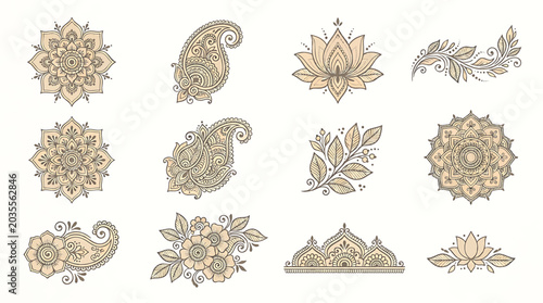 Traditional Mehndi Flower Pattern Outline Vector Set for Henna Drawing and Tattoo Design
