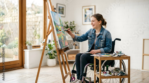 Smiling young girl in wheelchair painting vibrant floral artwork on easel at home.