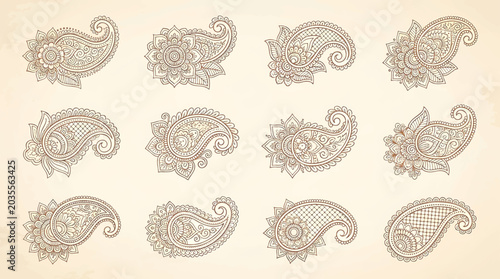 Traditional Mehndi Flower Pattern Outline Vector Set for Henna Drawing and Tattoo Design