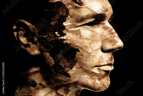 Sun damage face profile cracked clay texture skin concept portrait male side view abstract human head