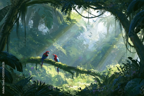Vibrant Parrots in Lush Jungle with Sun Rays and Tropical Foliage